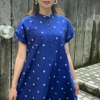 儀右ヱ門【久留米絣ワンピース】 日本製 フレア ギエモン 水玉柄 中玉 8立 紺白 グレー