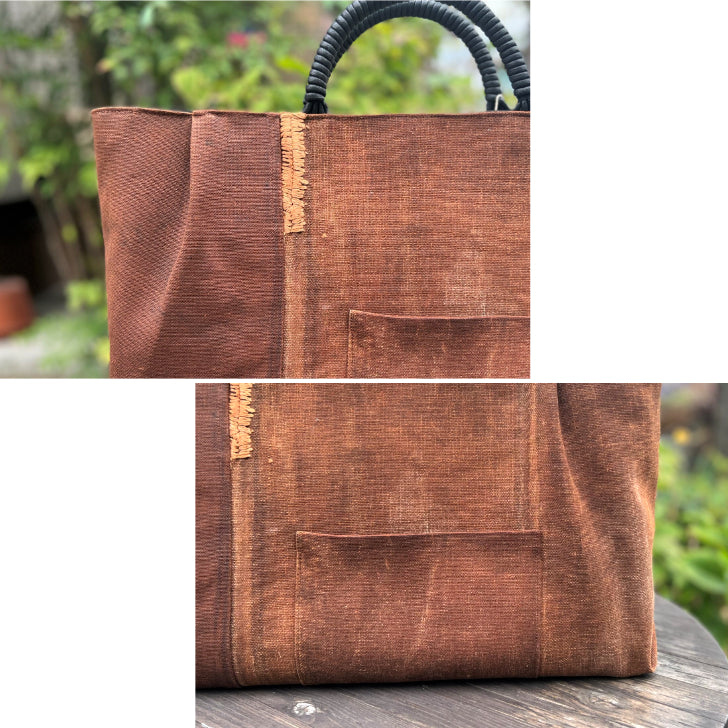 【酒袋・柿渋染めトートバッグ】彩乃庵 麻 一点もの 大きめ 刺し子