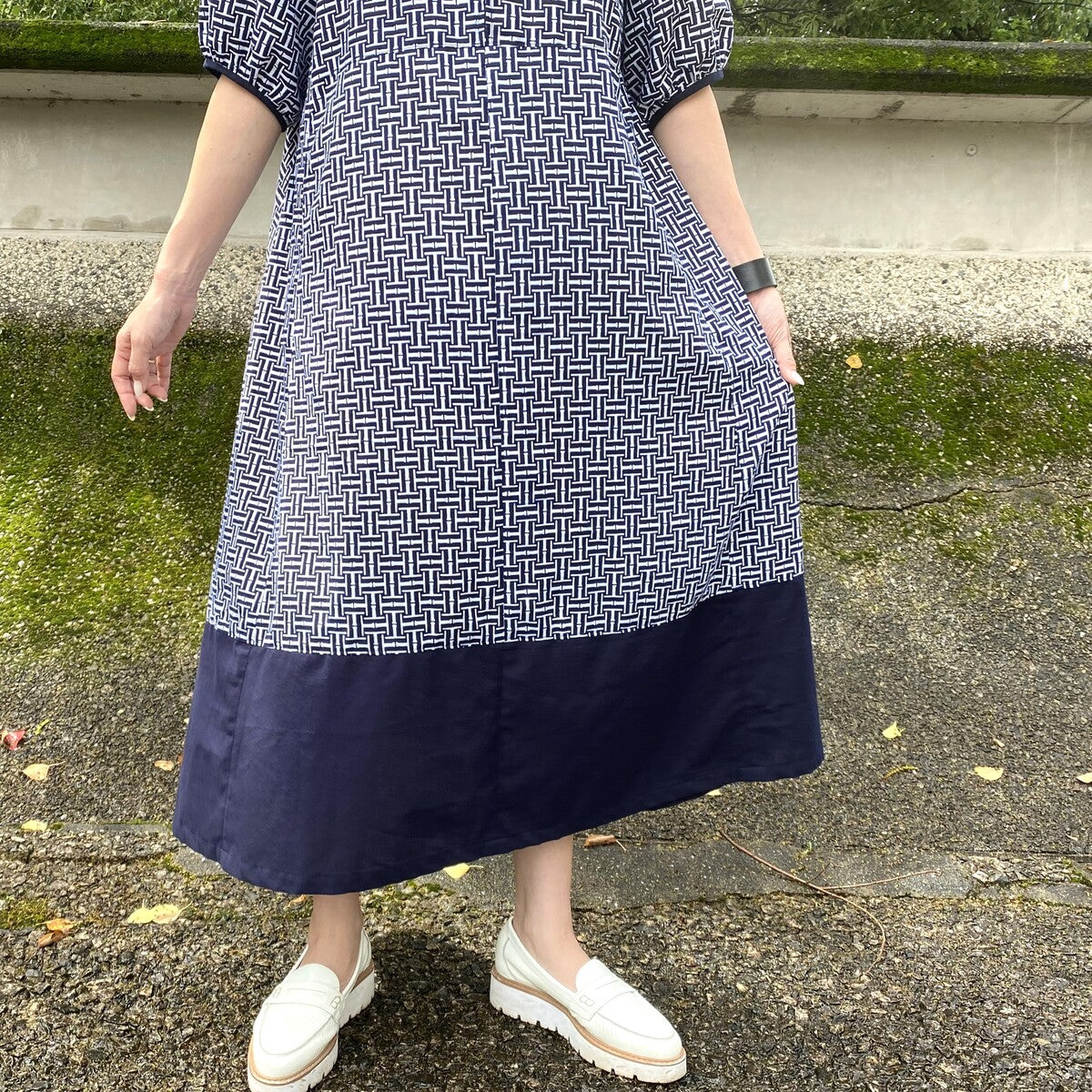 【浴衣リメイクふんわり袖ワンピース】一点物 幾何学模様