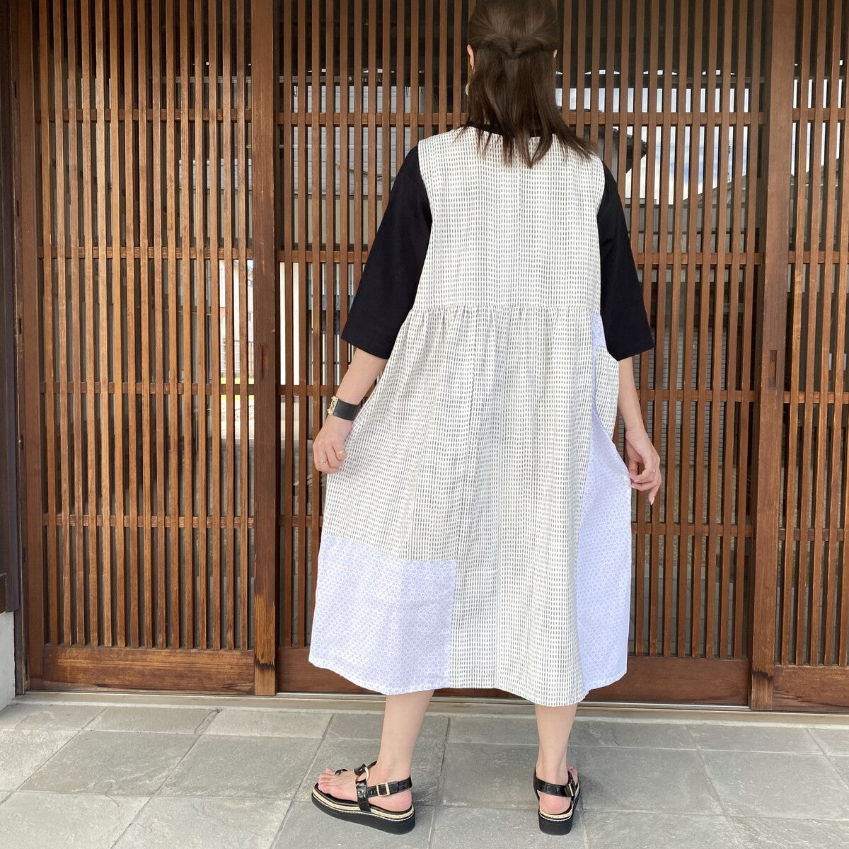 [Old cloth arrangement jumper skirt] Kurume kasuri, rag, white kasuri, summer kasuri