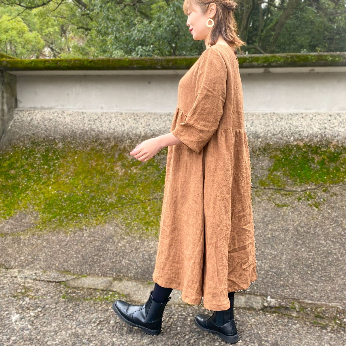 【柿渋染め麻ワンピース】京都産生地 手もみ リネン100%