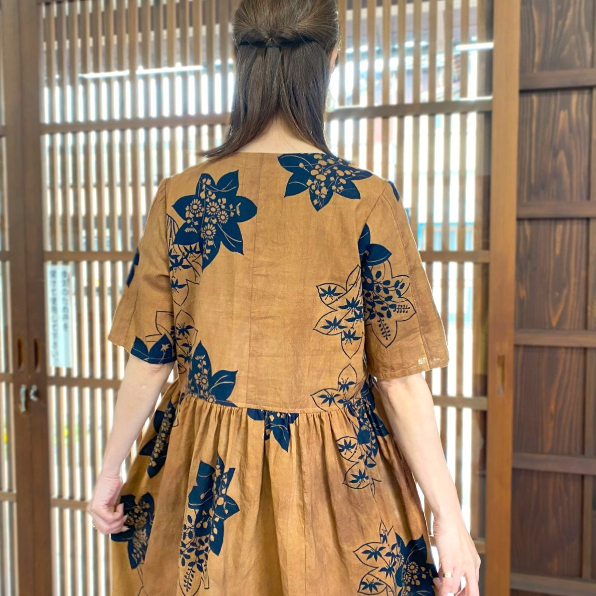 【柿渋染め浴衣リメイクワンピース】花柄傘 夏祭り