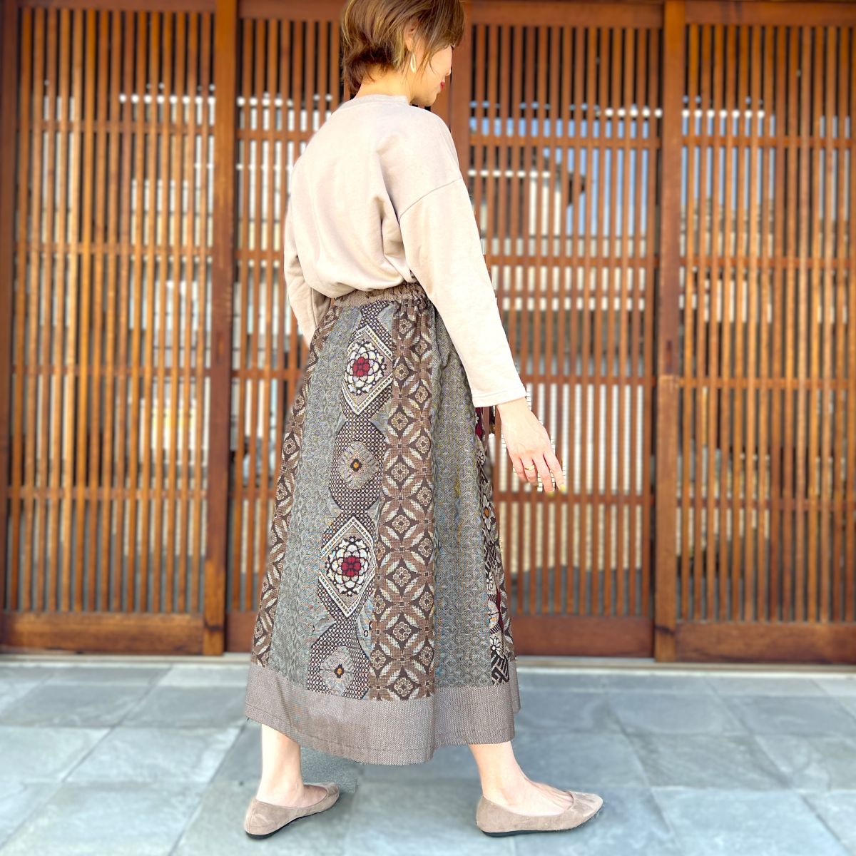 【大島紬リメイクフレアギャザースカート】高木ふくえ作 10.12.3