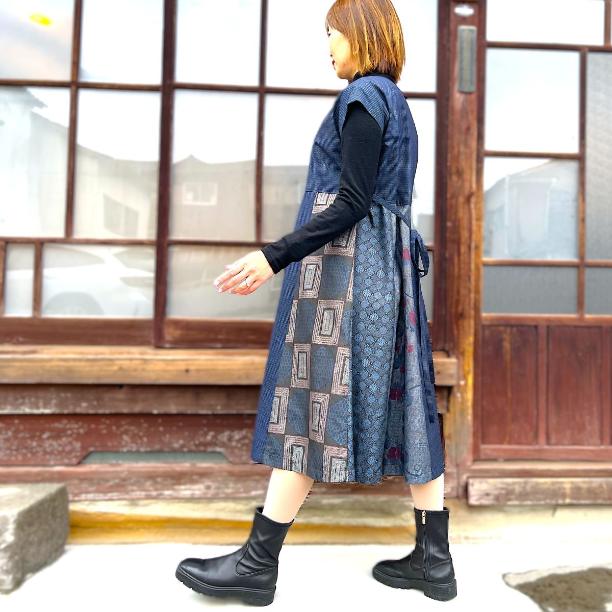 【大島紬アレンジフレンチスリーブワンピース】 YO1