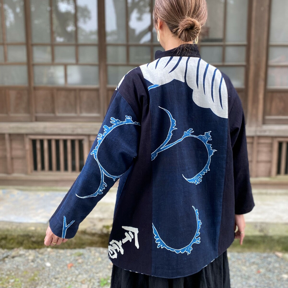 古布リメイク 時の繕い 藍染 書生絣 型染め 刺し子フードジャケット 