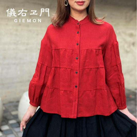 Giemon [Kurume kasuri linen tiered blouse] 100% linen linen frill Guillemon