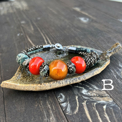 [Old Cloth Japanese Bracelet] One-of-a-kind item from the artist, antique, made in Japan, Oshima, old cloth, natural stone