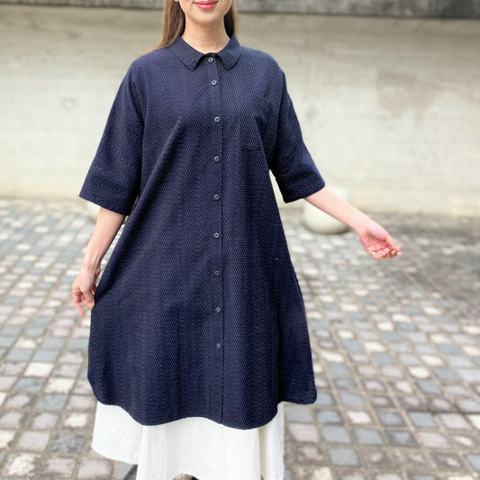 [Beautiful Kurume kasuri shirt dress, dark blue, rain kasuri, open front, with collar