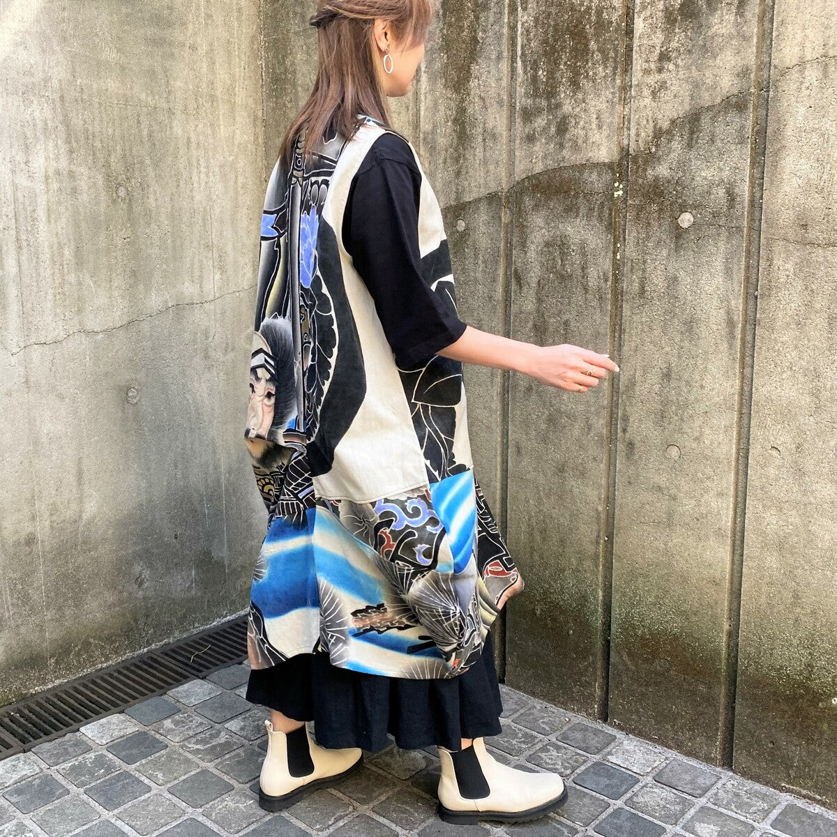 着物リメイク　久留米絣　Aラインジャンパースカート　ゆったりサイズ布団皮