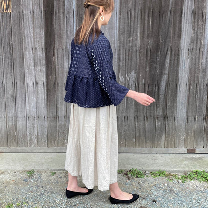 [Azumino front open blouse] Kurume Kasuri pattern cotton linen