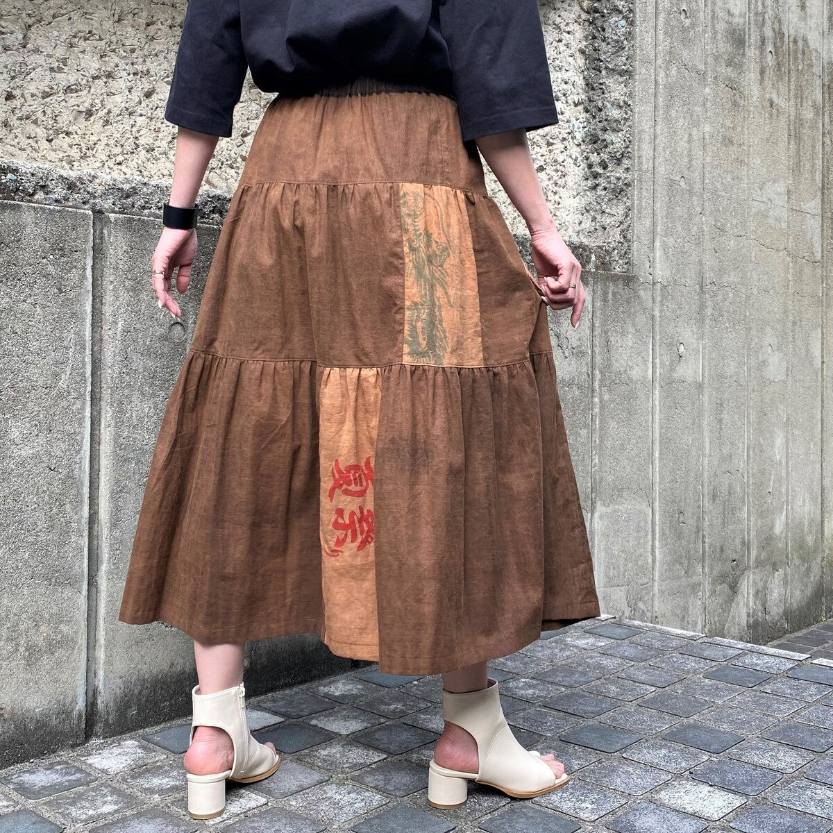 【標準価格】古布　リメイク　木綿　手拭い　柿渋染め　ギャザースカート スカート