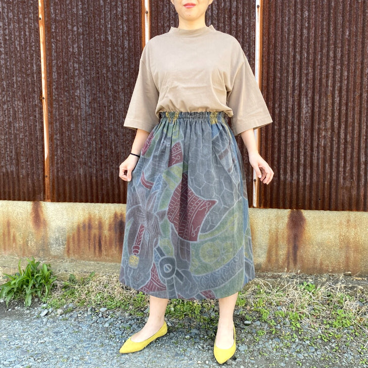 [Old cloth remake ink-dyed skirt] One-of-a-kind creative clothing Big catch flag Spring/Summer/Autumn/Winter Made in Japan Retro cute