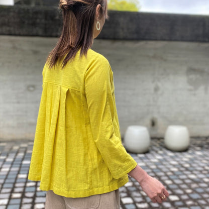 Giemon [Kurume Kasuri open front blouse] 100% cotton yellow brown jacket jacket no collar