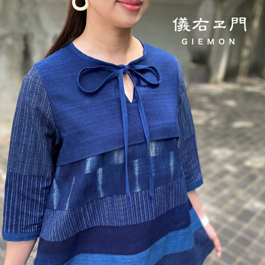 Giemon [Kurume Kasuri Ribbon Blouse] Giemon A-line Ribbon Blurred Gradation