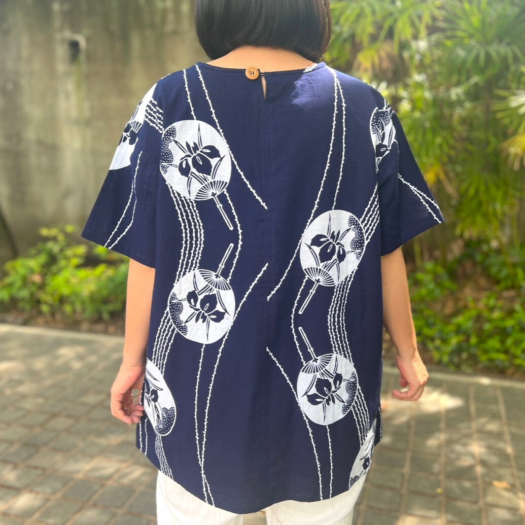 [Yukata remake blouse] One-of-a-kind item by the artist Summer festival Fireworks Cool Inner ring pattern Fan 