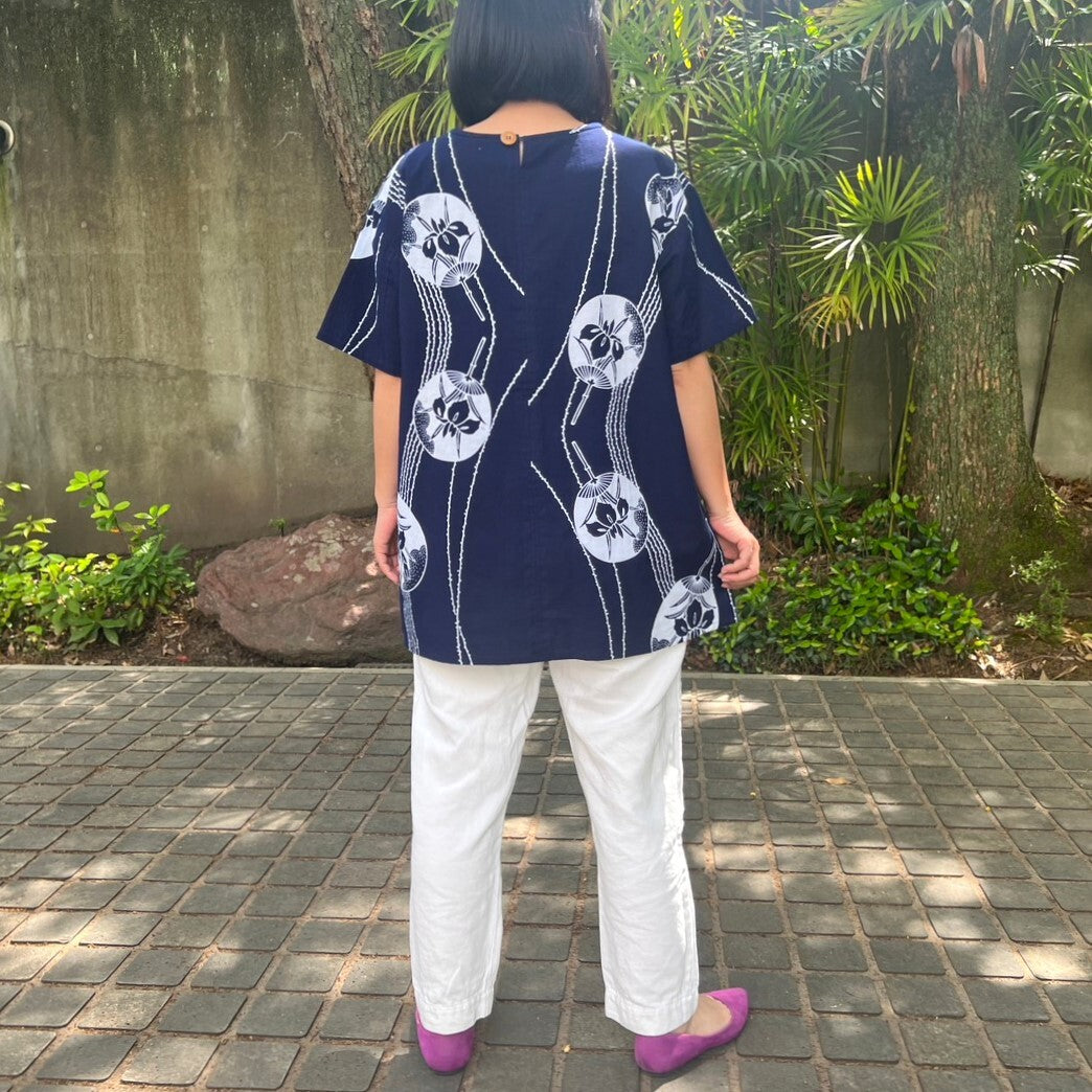 [Yukata remake blouse] One-of-a-kind item by the artist Summer festival Fireworks Cool Inner ring pattern Fan 