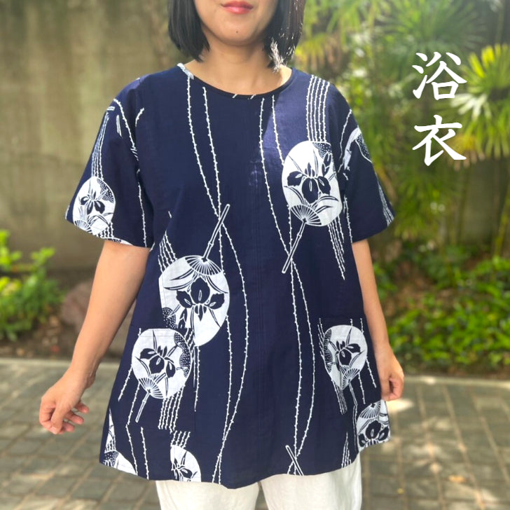 [Yukata remake blouse] One-of-a-kind item by the artist Summer festival Fireworks Cool Inner ring pattern Fan 