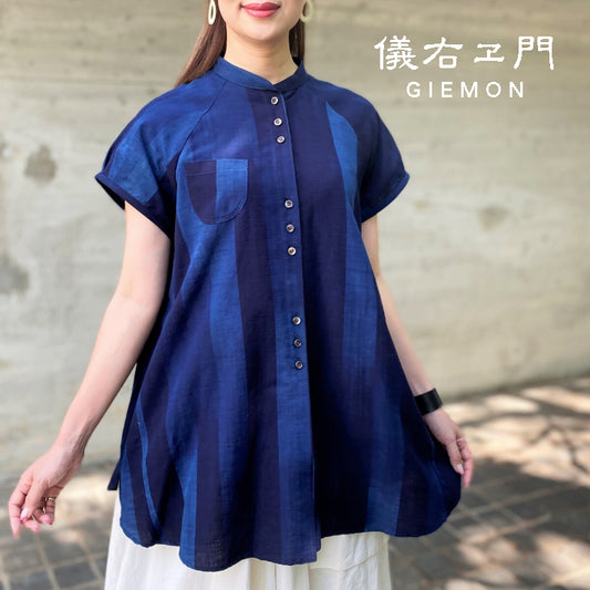 Giemon [Kurume Kasuri Blouse] Japanese pattern, made in Japan, gradation, indigo, striped pattern