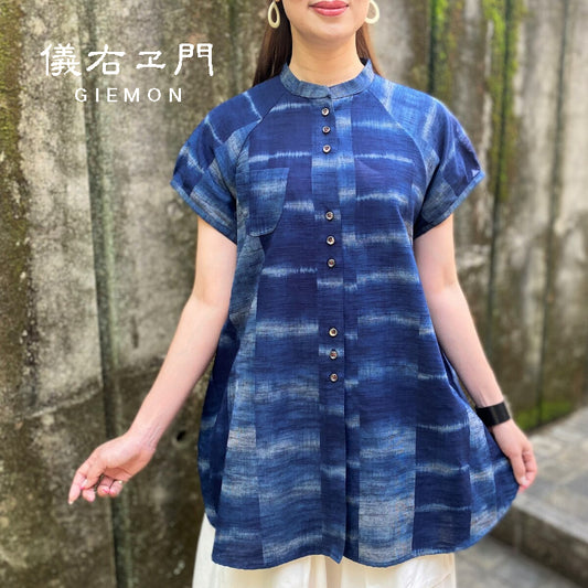 Giemon [Kurume kasuri blouse] Indigo dyed shading dark blue