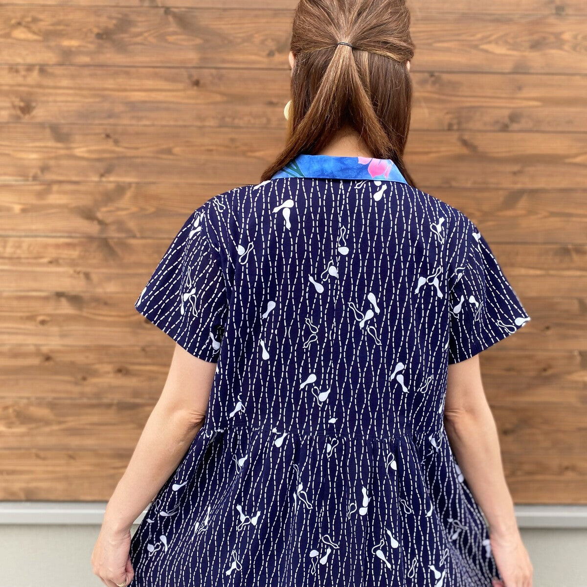 [Yukata remake dress] Made by Fukue Takagi, dark blue, fluffy, summer festival, with collar