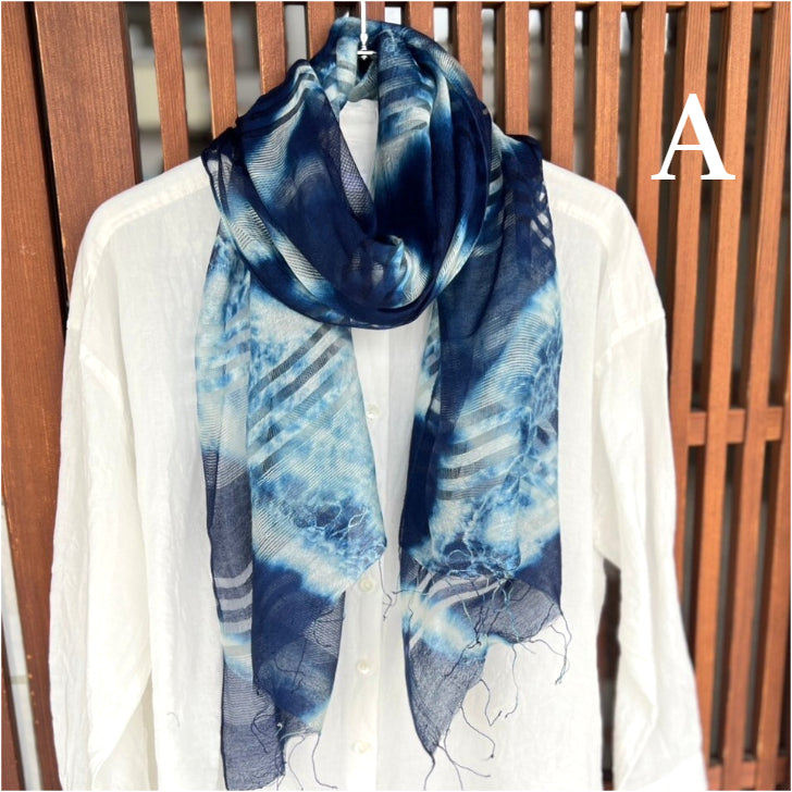 [Indigo dyed stole] Japan Blue Silk Silk Blend Openwork Weave