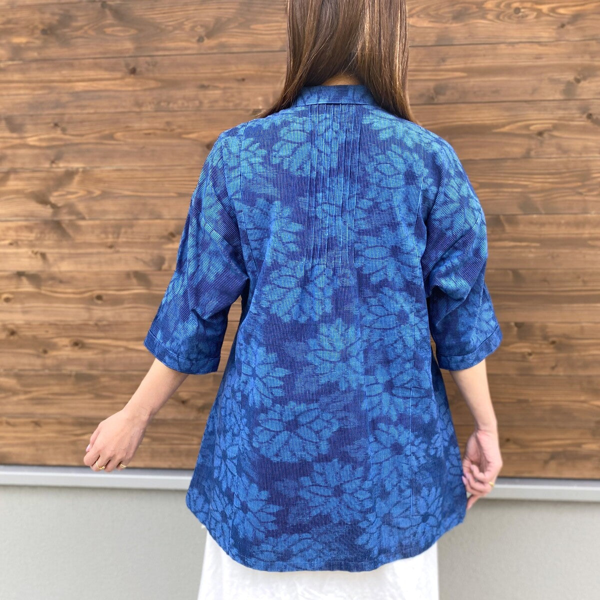 Giemon [Kurume Kasuri open front blouse] Dahlia pattern tuck Giemon