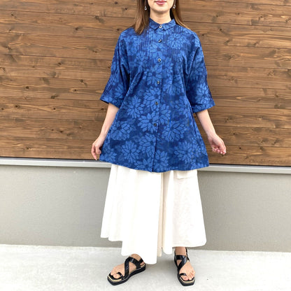 Giemon [Kurume Kasuri open front blouse] Dahlia pattern tuck Giemon