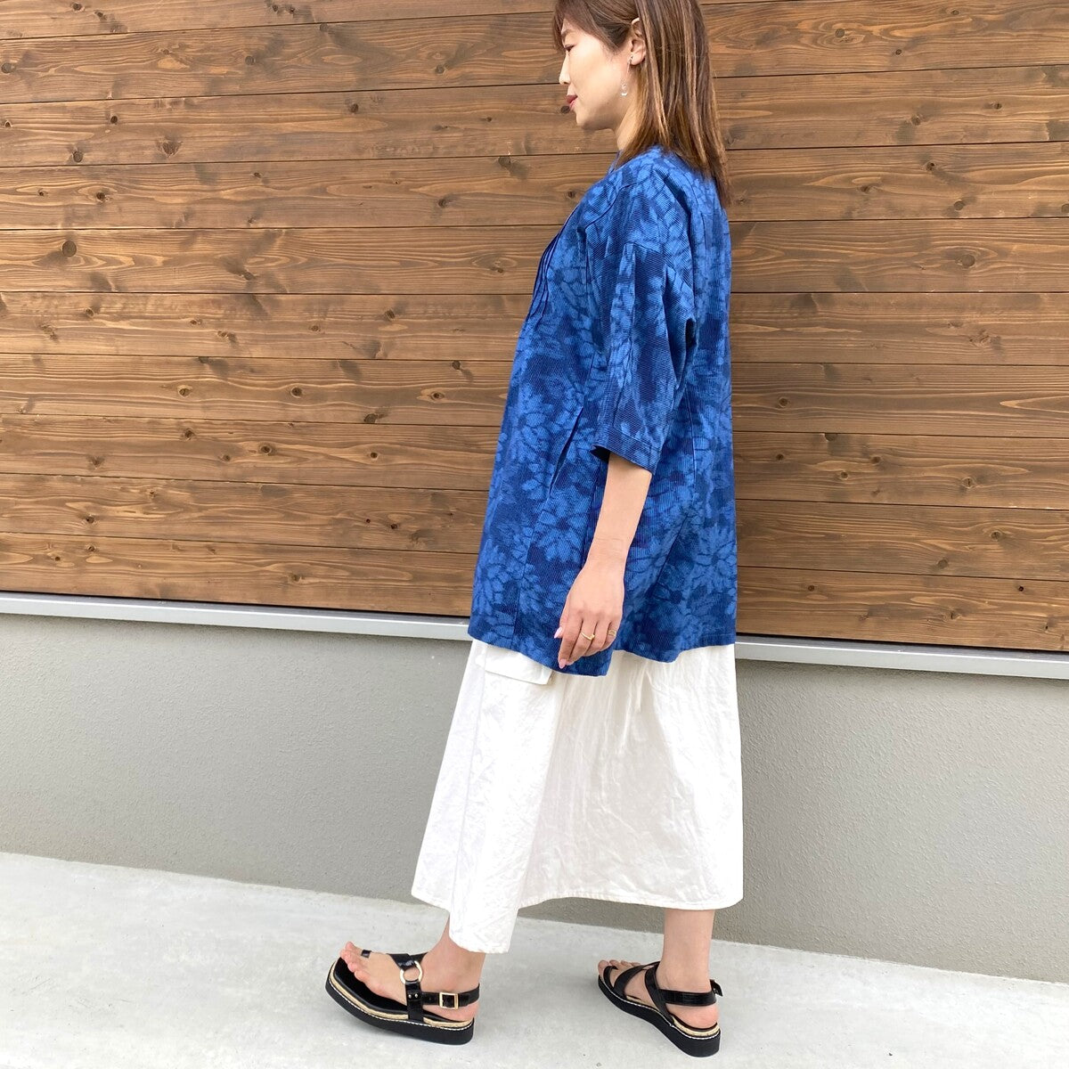 Giemon [Kurume Kasuri open front blouse] Dahlia pattern tuck Giemon