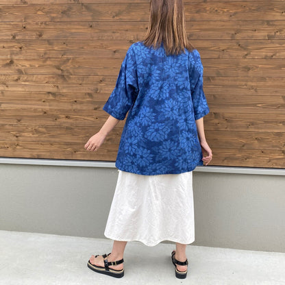 Giemon [Kurume Kasuri open front blouse] Dahlia pattern tuck Giemon