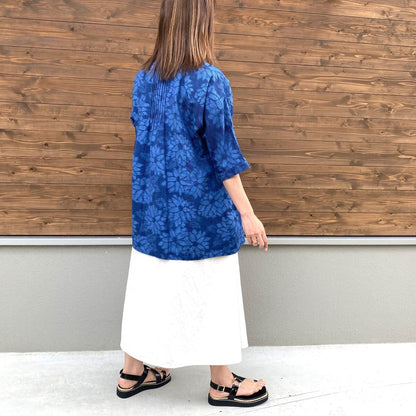 Giemon [Kurume Kasuri open front blouse] Dahlia pattern tuck Giemon