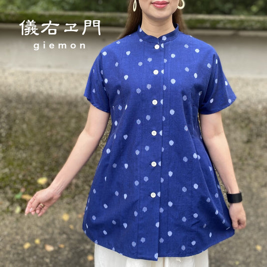 Giemon [Kurume Kasuri Open Front Blouse] Spring/Summer Polka Dot Tuck