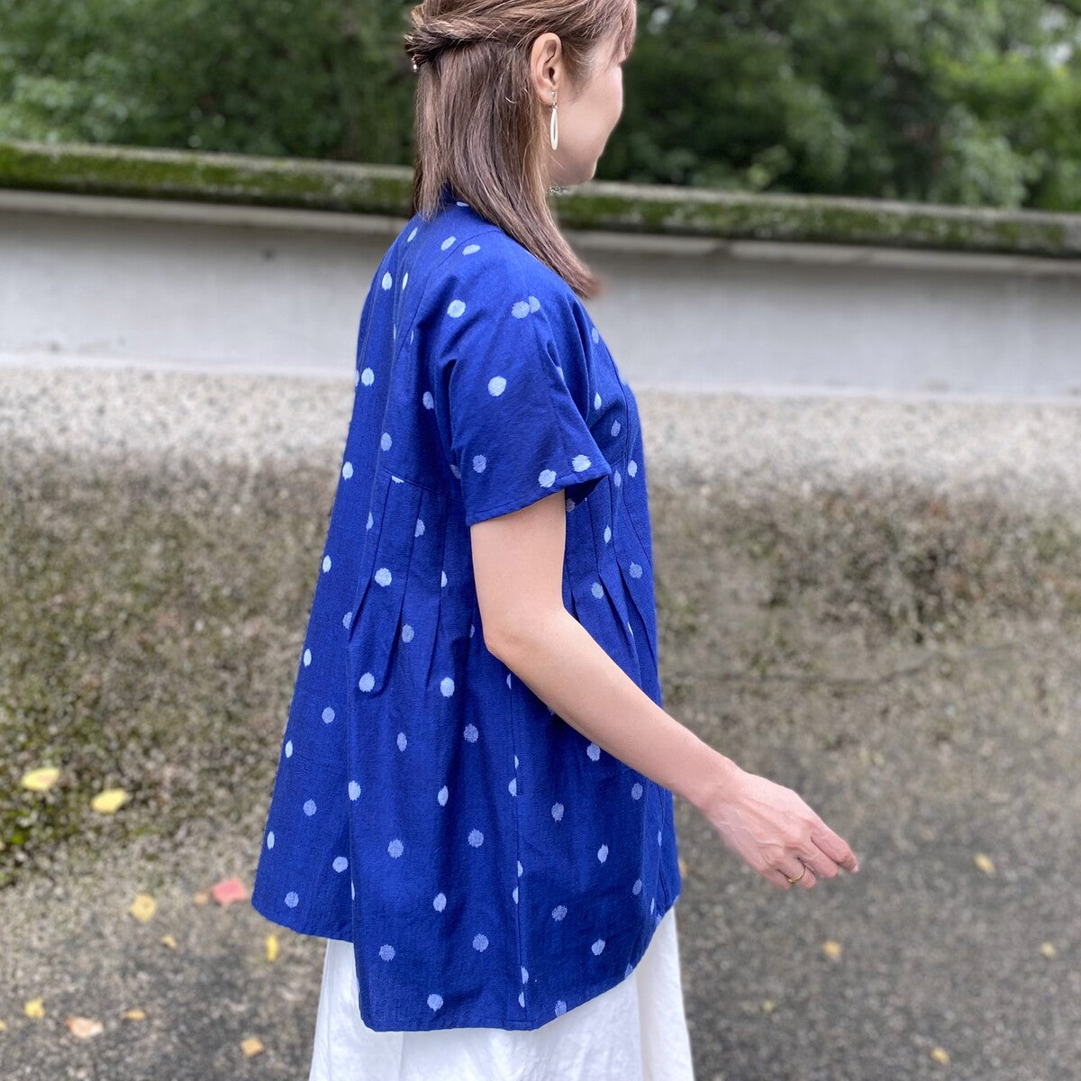 Giemon [Kurume Kasuri Open Front Blouse] Spring/Summer Polka Dot Tuck