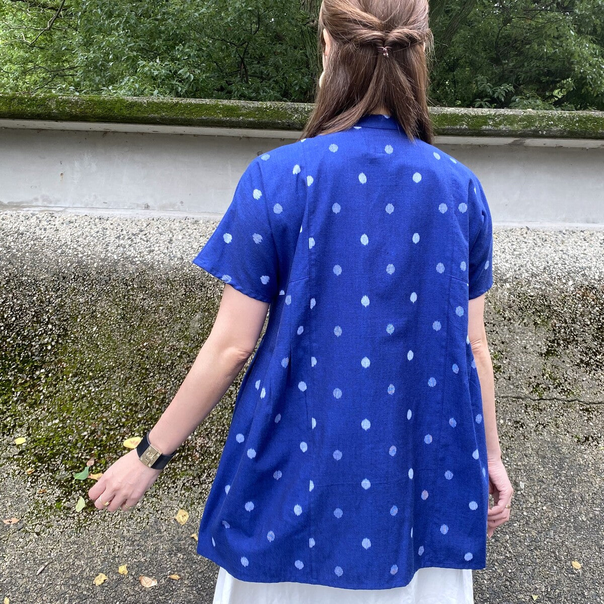 Giemon [Kurume Kasuri Open Front Blouse] Spring/Summer Polka Dot Tuck