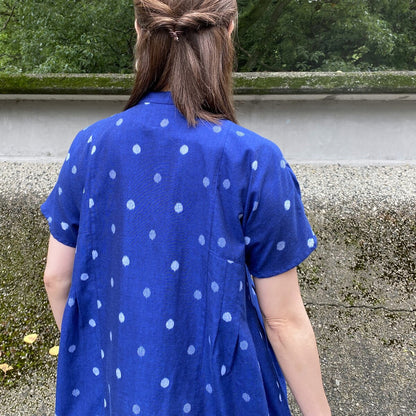 Giemon [Kurume Kasuri Open Front Blouse] Spring/Summer Polka Dot Tuck