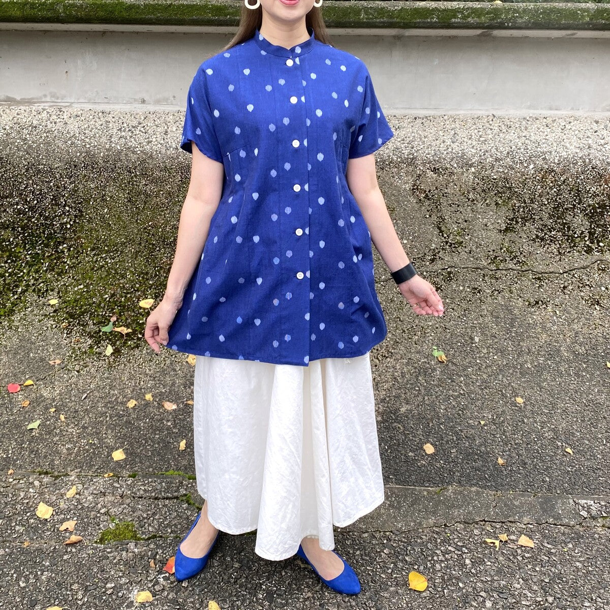 Giemon [Kurume Kasuri Open Front Blouse] Spring/Summer Polka Dot Tuck