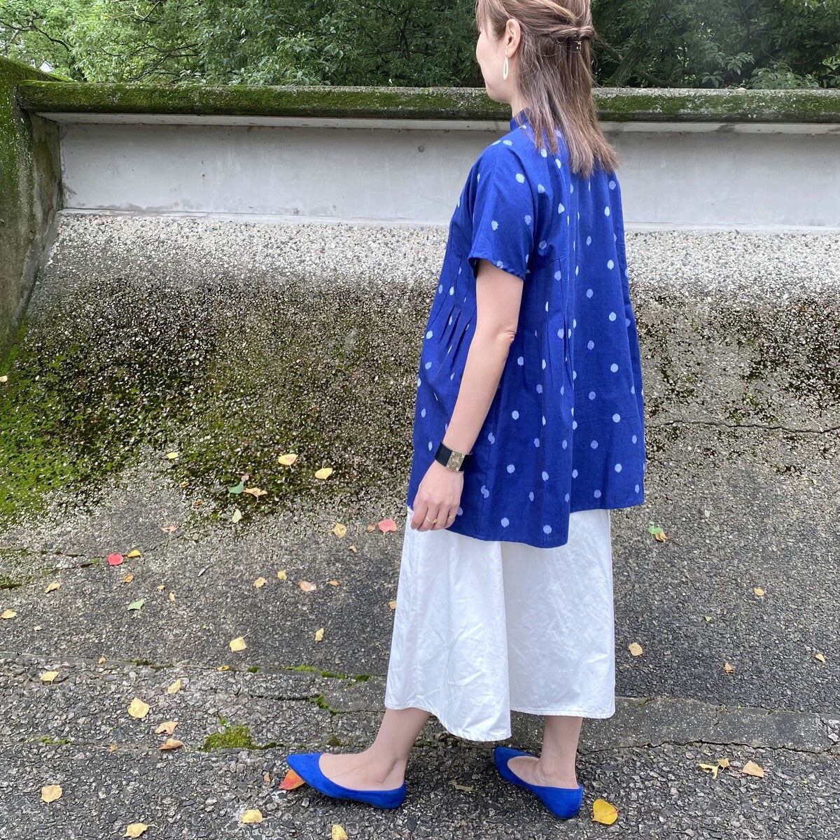 Giemon [Kurume Kasuri Open Front Blouse] Spring/Summer Polka Dot Tuck