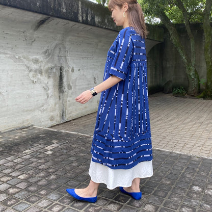 Giemon [Kurume Kasuri One Piece] Japanese Pattern Half Sleeves High Waist Giemon