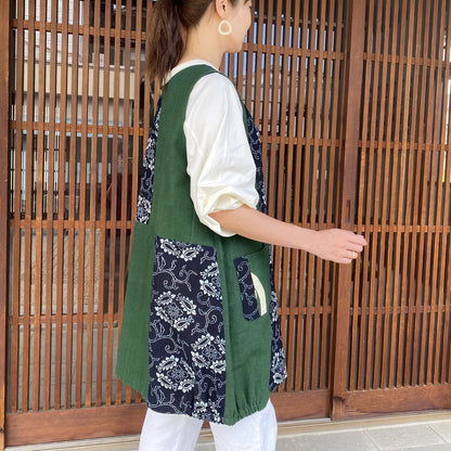 [Old Cloth Arrangement Long Vest] Fukue Takagi Tunic Pattern Dyed Tube Painting Indigo Dyed