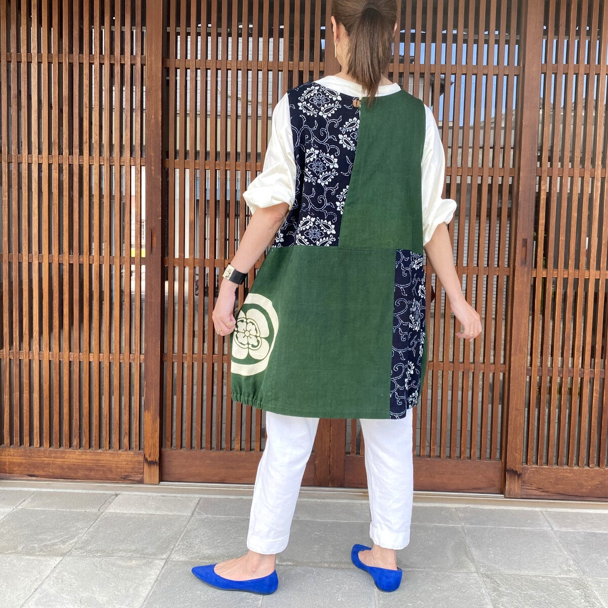 [Old Cloth Arrangement Long Vest] Fukue Takagi Tunic Pattern Dyed Tube Painting Indigo Dyed