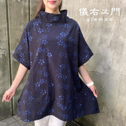 Giemon [Kurume Kasuri Tunic] High Neck Flower Giemon