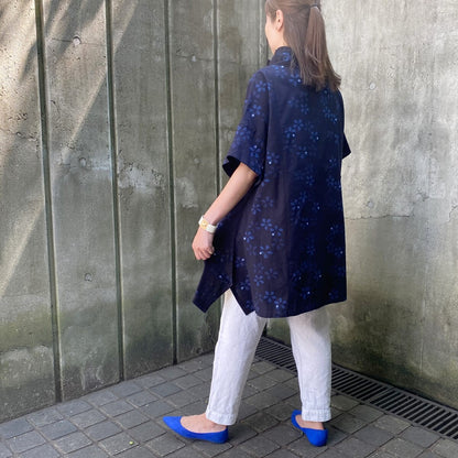 Giemon [Kurume Kasuri Tunic] High Neck Flower Giemon