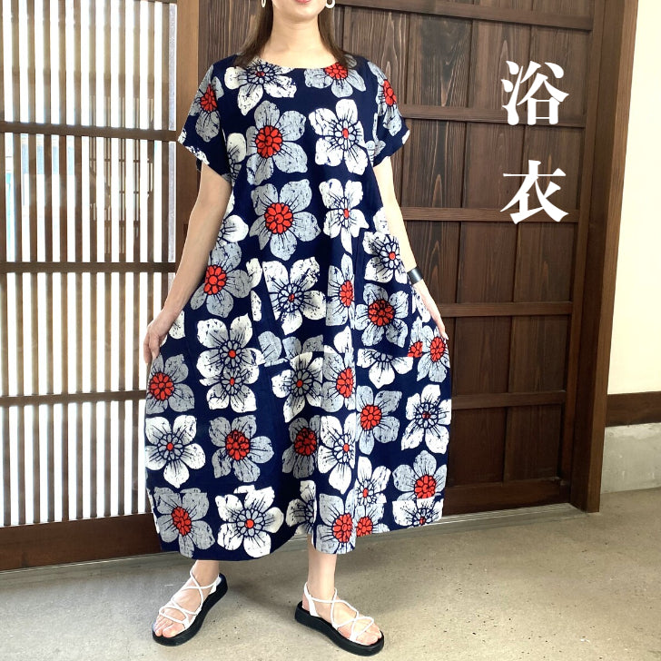 [Yukata remake dress] Floral pattern cocoon silhouette 