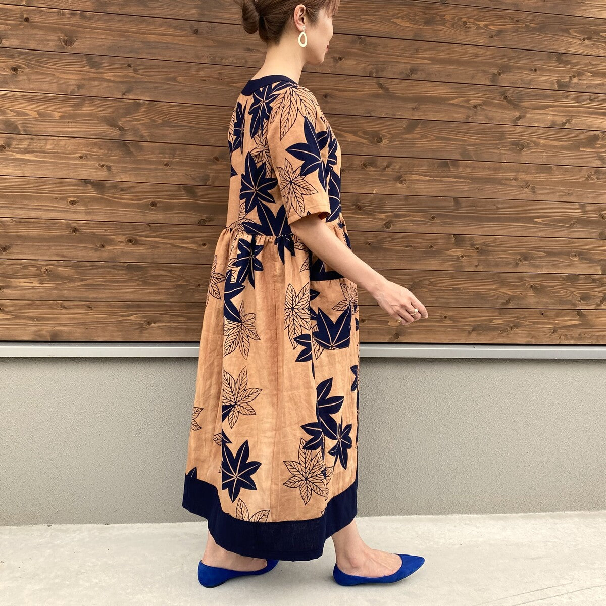 [Persimmon tanned yukata dress] Maple pattern front zipper 