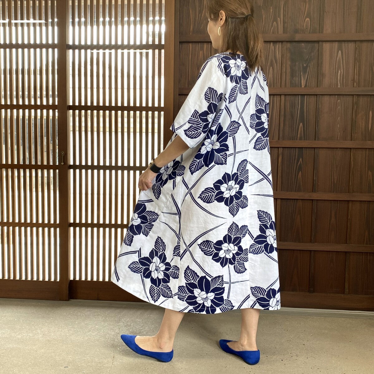 Yukata remake dress] Navy floral pattern – こっとんコットン