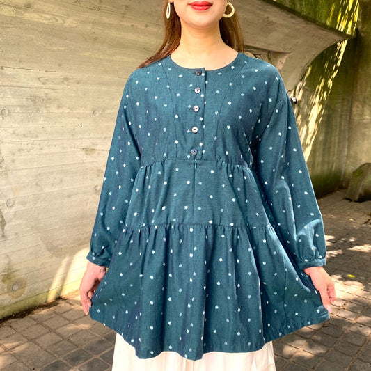 [Kurume Kasuri Ard Tunic] Green Polka Dots