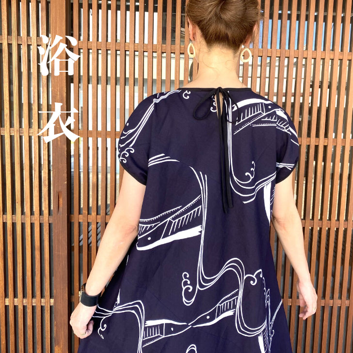 [Yukata remake dress] Fish pattern Autumn sword fish