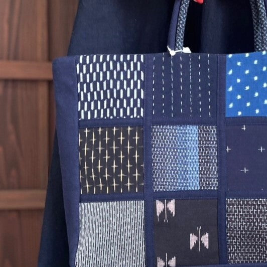 Giemon [Kurume kasuri tote bag] Twelve lattice tote