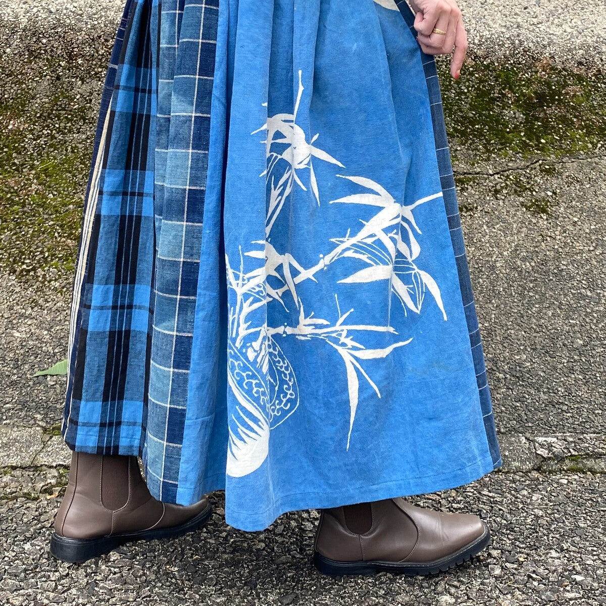 古布リメイク、襤褸藍染ロングスカート - スカート