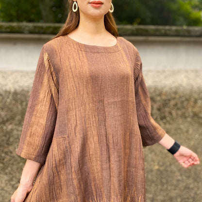 [Persimmon dyed gauze linen silk blend dress] Unevenly dyed 