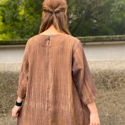 [Persimmon dyed gauze linen silk blend dress] Unevenly dyed 